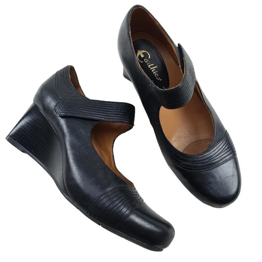 Earthies Savona Mary Jane Heel Womens 10 Black Leather Hook Loop Chunky Wedge
